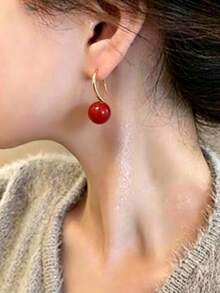 Elegantes pendientes colgantes de bola roja redonda, pendientes de gancho simples - Rojo - Ver 9