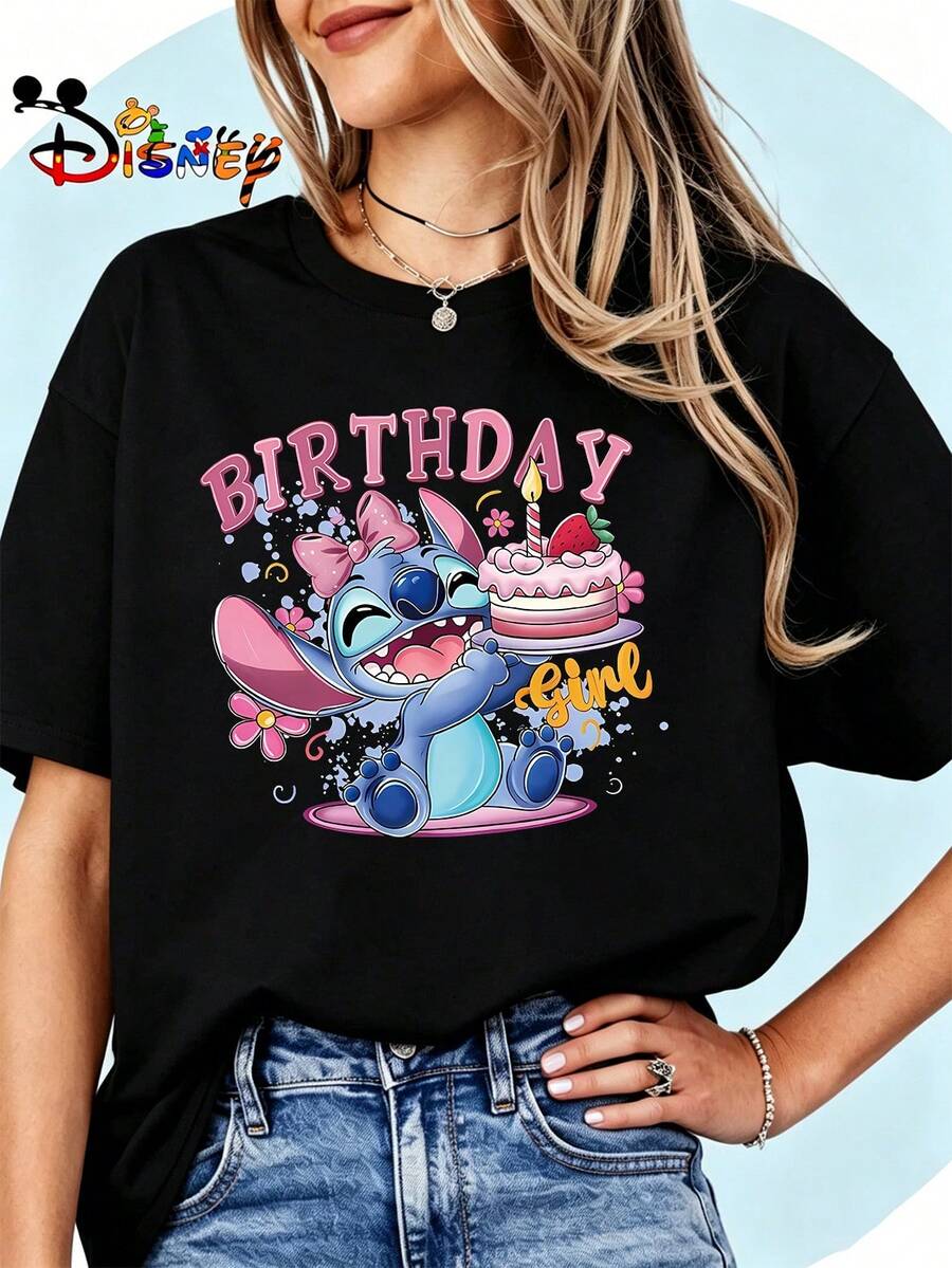 Breathable Cotton Disney Fan Tee | "Birthday Girl Stitch" Lilo & Stitch With Birthday Cake Graphic Print | Cute Birthday Pullover Shirt - 黑色 - 查看 1
