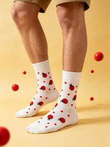 1 Pair Unisex White Ladybug Polka Dot Print Mid-Calf Socks, Fresh Whimsical Style, Breathable Casual Socks For All Seasons - Multicolor - View 3