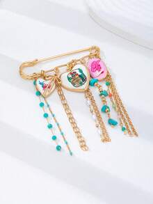 1/4Pcs Western Cowgirl Tassel Brooch Pins Set - Gold Plated Turquoise & Enamel Cactus Cowboy Safety Pin Brooches For Women, Southwestern Jewelry - Multicolor - View 2