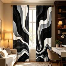 2pcs Abstract Black And White Wave Pattern Curtains, Digital Printing Technology, Thermal Insulation And Privacy Protection, Rod Pocket Design For Privacy, Fade Resistant, Machine Washable, Suitable For Bedroom, Living Room, Kitchen, Study And Other Home Decor, Decorative Curtains - Multicolor - View 7