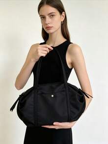 Bolsa de yoga de nailon con pliegues estilo coreano, conveniente para el trabajo, los viajes, bolso de hombro con gran capacidad - Negro - Ver 6
