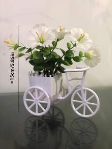 1pc Plastic Mini Bicycle Flower Basket Artificial Potted Plant Desktop Decor Ornament, Simulated Greenery For Room Decoration - White - View 4