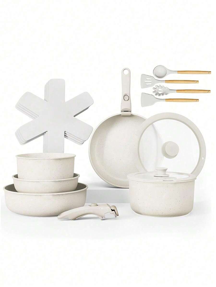 16-piece non-stick ceramic cooking set with detachable handles, integrated design suitable for frying, stir-frying, stewing and slow-cooking, with a maximum temperature of 480°F, compatible with induction cooktops, ready to use immediately, stackable cookware and plates can save space, and equipped with utensils, easy to clean, lids and pot pads. - Übersicht 1