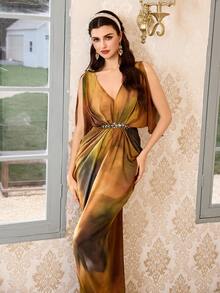 Elegant Women's Long Formal Dress, Deep V-Neck, Woven Fabric, Asymmetric Ruffle Design, Waist Rhinestone Detail, Open Back, Banquets Wedding Party - Multicolor - View 3