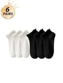 6 pares de calcetines de tobillo con volantes para mujer, calcetines de textura de punto, disponibles en 2 colores - Multicolor - Ver 7