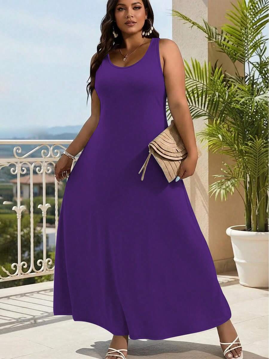 New Plus-Size Women's Solid Color Sleeveless Dress, Elegant Stylish Vest Dress - 紫色 - 查看 1