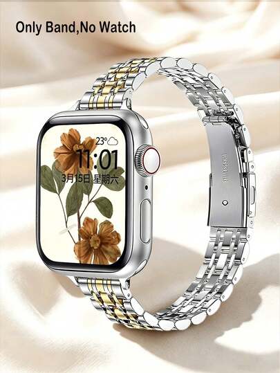 1pc Narrow 7-Pearl Stainless Steel Watch Band, Suitable For Apple Watch Ultra 3/2/1 Series SE/S11/S10/S9/S8/S7/S5/S4/S3/S2/S1, Creative Elegant Metal Gold And Silver Watch Band For Women, 14mm Wide Chain Style For Daily Wear, Party, Travel, Gift For Girls, Band 38mm/40mm/41mm/42mm, 44mm/45mm/46mm/49mm, Band Accessories, Summer Stainless Steel Jewelry, Beach Jewelry For Women, Beach Accessories, Birthday Party Gift