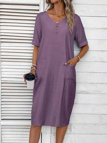 Vestido De Mujer Con Cuello En V Con Botones Decorativos Y Bolsillo Frontal - Morado - Ver 2