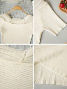 French Elegant Off Shoulder Mesh Splice Beaded Knit Sweater, Versatile Fitted Crop Top For Work, Dating, Vacation Summer - Apricot - View 10