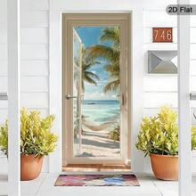 1/2pcs Tropical Beach Door Decal, Peel And Stick Palm Tree Wall Mural, Seascape Door Sticker - Modern Door Wall Sticker, Removable Vintage Door Art, Bedroom Living Room Door Decor, 2D Flat - A - View 3