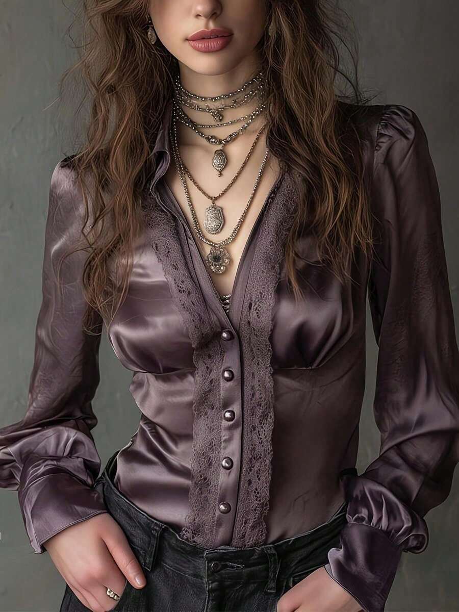 de satén con cuello en V, manga abullonada y encaje retro francés elegante, camisa de mujer de manga larga con botones frontales y parches de encaje, para uso en la oficina, primavera/verano - púrpura brumoso - Ver 1