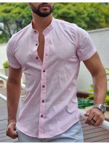 Men's Henley Collar Shirt - Classic And Timeless - 粉色 - 查看 3