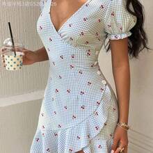 Yunuo Menswear  Vestido corto con cuello en V, volantes y estampado de cerezas para mujer - Albaricoque - Ver 2