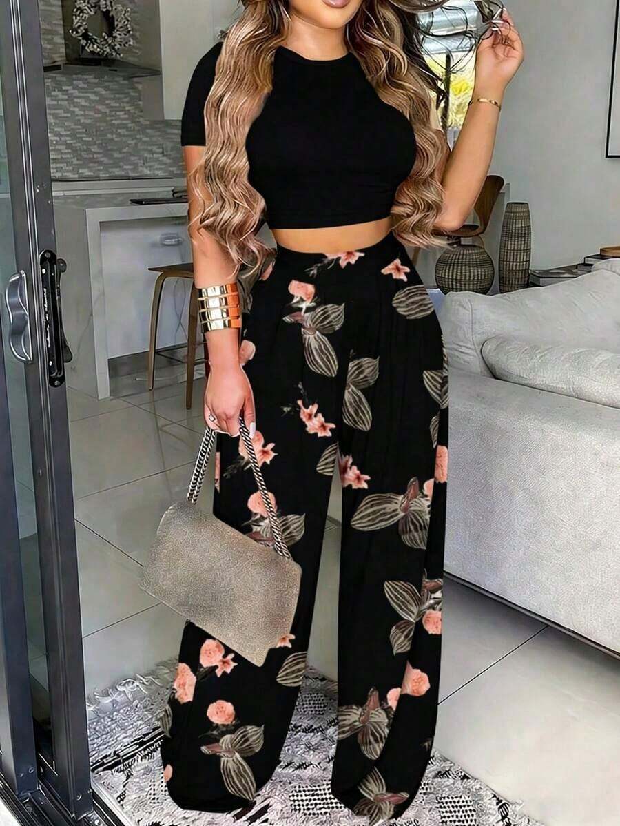 Conjunto de Top corto con estampado floral y pantalones largos con estampado de plantas para mujeres, para primavera/verano - Negro - Ver 1