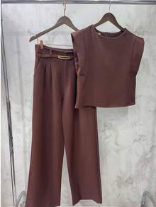 Women's Set: Sleeveless Round Neck Solid Color Top For Summer And Wide-Leg Pants With Belt And Pocket - Chocolate Brown - View 3