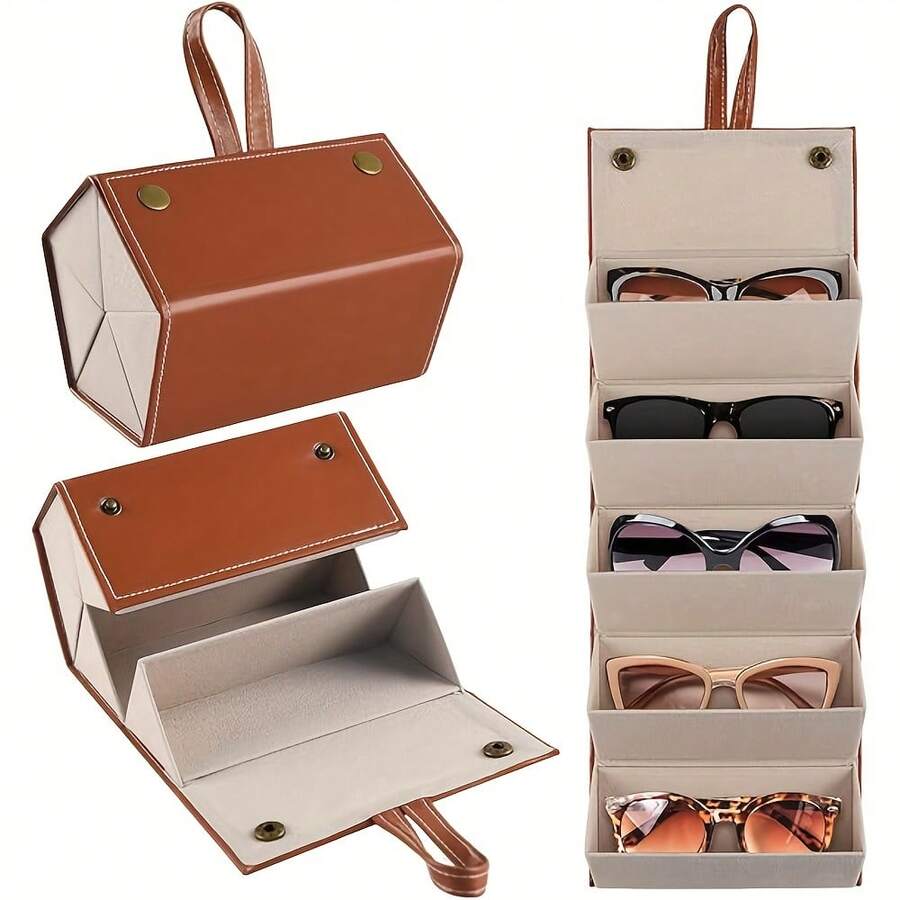 1pc Fashion Glasses Storage Box, Multi-Functional 5-Grid Glasses Case, Creative High-End PU Leather Eyeglasses Box, Multiple Colors Available