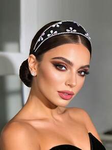1 pieza Diadema ancha de lujo de malla negra calada con cristales para fiesta, baile de graduación, regalo para novia, accesorio de cabello para vacaciones - Negro - Ver 3