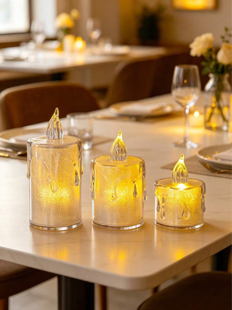 3pcs Set Best-Selling Flameless Transparent Tear-Drop LED Electronic Candles, Warm Light, Birthday/Housewarming Gift, Premium Home Decor Gift, Warm Light Realistic Flame, Living Room Bedroom Atmosphere Decorative Light Suitable For Multiple Scene Arrangements