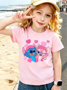 Girls' Disney *Lilo & Stitch* T-Shirt - Featuring A Charming Graphic Of Stitch And Angel Alongside Pink Hearts, This Casual Short-Sleeve Top Is Crafted From Pure Cotton. Perfect For Fans To Collect Or For Everyday Wear, It Makes An Ideal Gift For Friends, Family, And Disney Enthusiasts Alike. - Pink - View 2