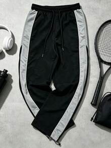 1pc Regular Length Quick Dry Adjustable Cuff Side Stripe Black Grey Woven Wrinkle Resistant Outdoor Sports Trousers - Black - View 1
