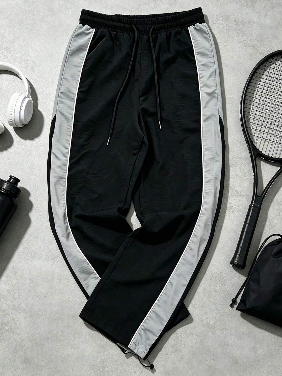 1pc Regular Length Quick Dry Adjustable Cuff Side Stripe Black Grey Woven Wrinkle Resistant Outdoor Sports Trousers - Black - View 1