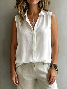 Plus Size Fashionable Sleeveless Lapel Shirt For Women, Versatile Loose Casual Commute Camisole Tank Top, Solid Color Button Front, Daily Wear White Summer, Work To Weekend - White - View 4