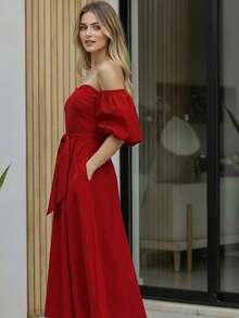 Women's Off Shoulder Long Dress Adjustable Belt Puff Sleeve - Red - View 4
