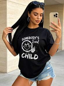 Damen Sommer Lässig Weiches Rundhals Kurzarm T-Shirt, Somebody's Child Grafikdruck Geeignet für Frühling und Sommer. Schwarz - Schwarz - Übersicht 10