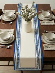 1 Pc Bee And Floral Border Print Polyester Table Runner Rustic Vintage Style Rectangle Washable Decorative Table Runner For Kitchen Dining Room - Blue and White - View 3