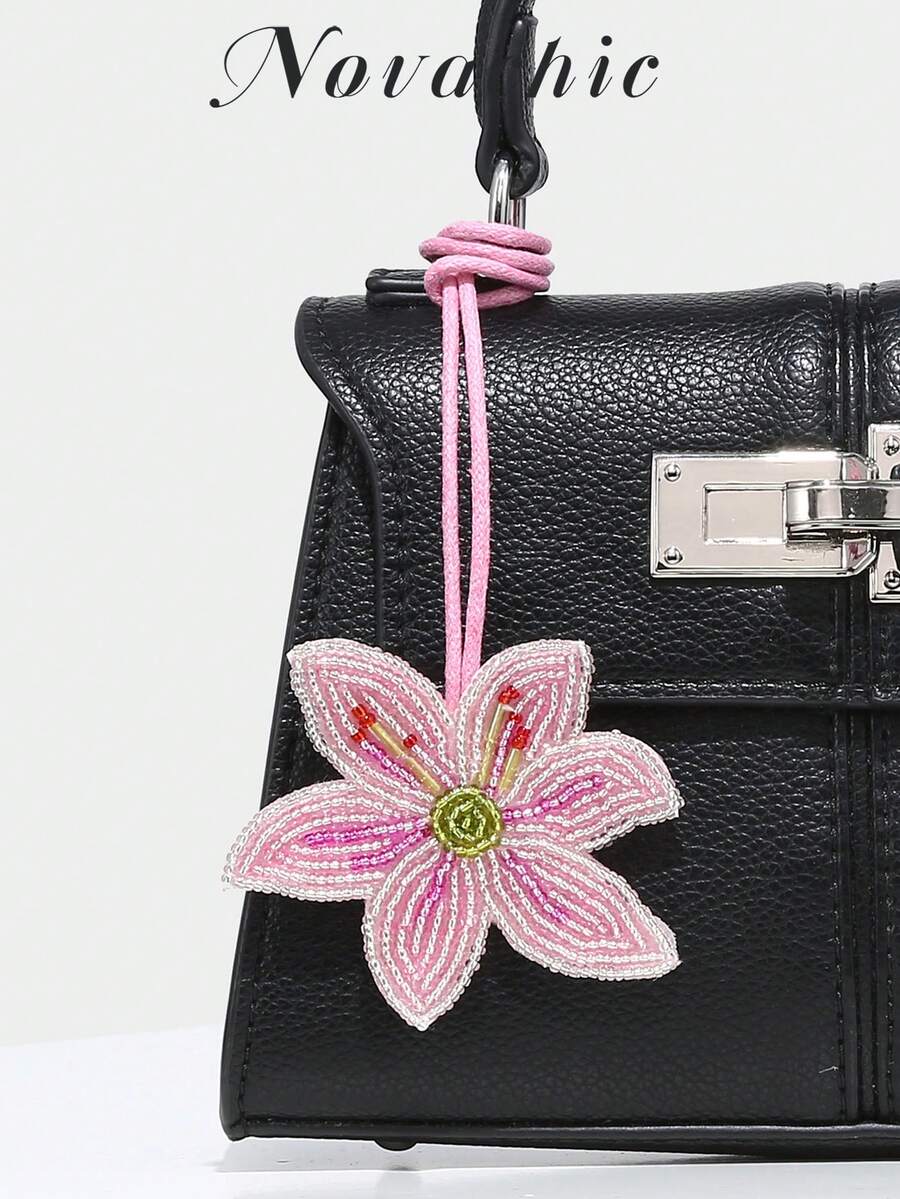 1pc Novachic Handmade Beaded, Floral Decor, Rhinestone Bag Charm, Suitable For Summer Vacation, Beach (Charm Only, No Bag) - Baby Pink - View 1