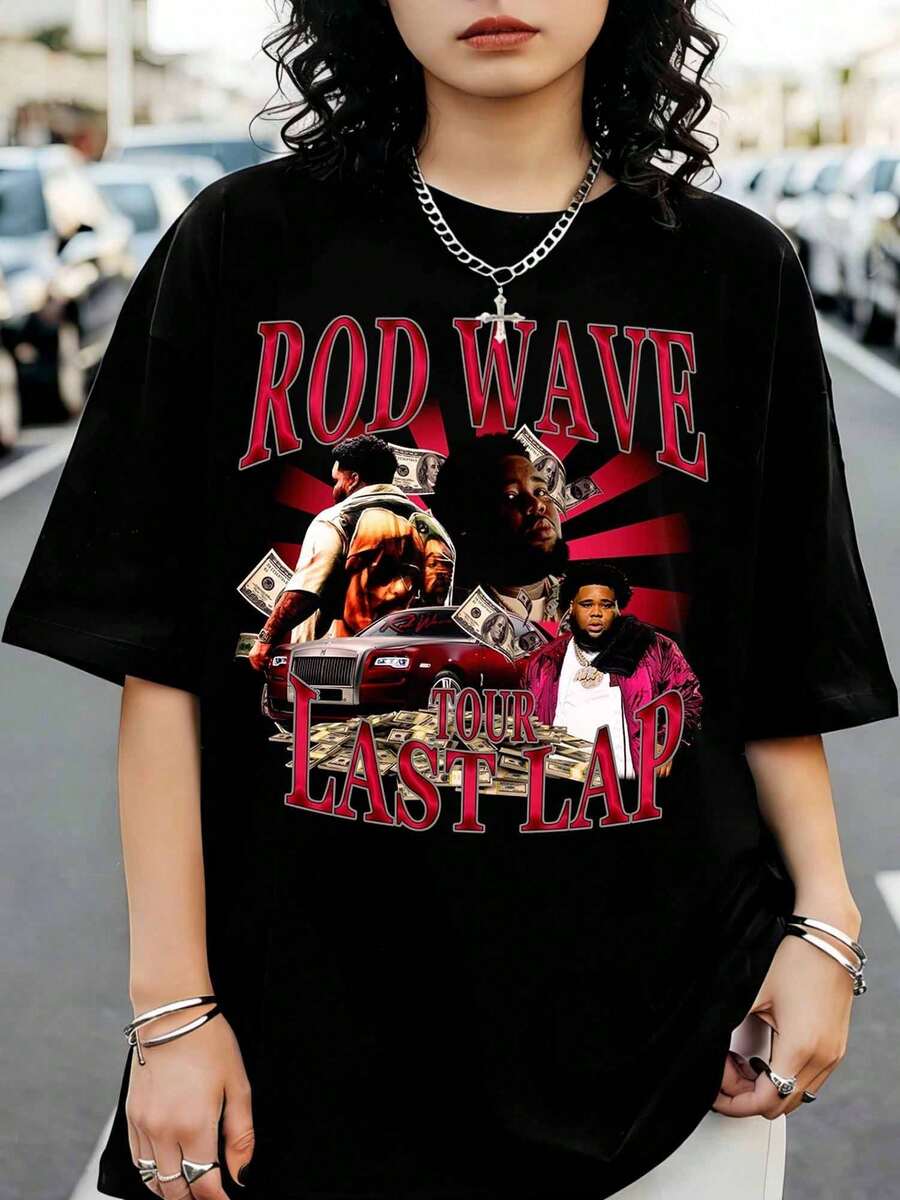 RodWaveS "Last Lap" Hip-Hop Graphic T-Shirt, Rapper Crew Neck T-Shirt, Casual Black Short-Sleeve Top For Fans - Black - View 1
