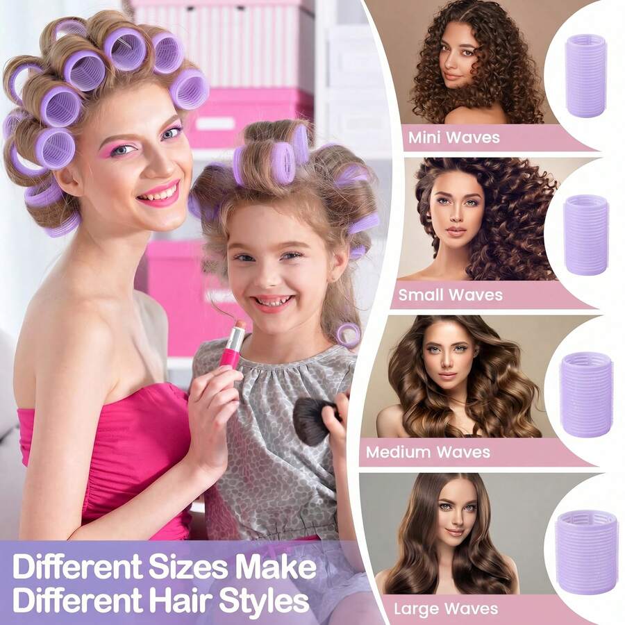 Set 30 buah alat pengeriting rambut tanpa panas berwarna ungu dengan perekat diri dan jepit rambut hitam yang serasi, ringan & dapat digunakan kembali, tidak merusak rambut, untuk membuat ikal alami yang lembut sendiri, alat penataan rambut sehari-hari di rumah. - MultiWarna - View 1