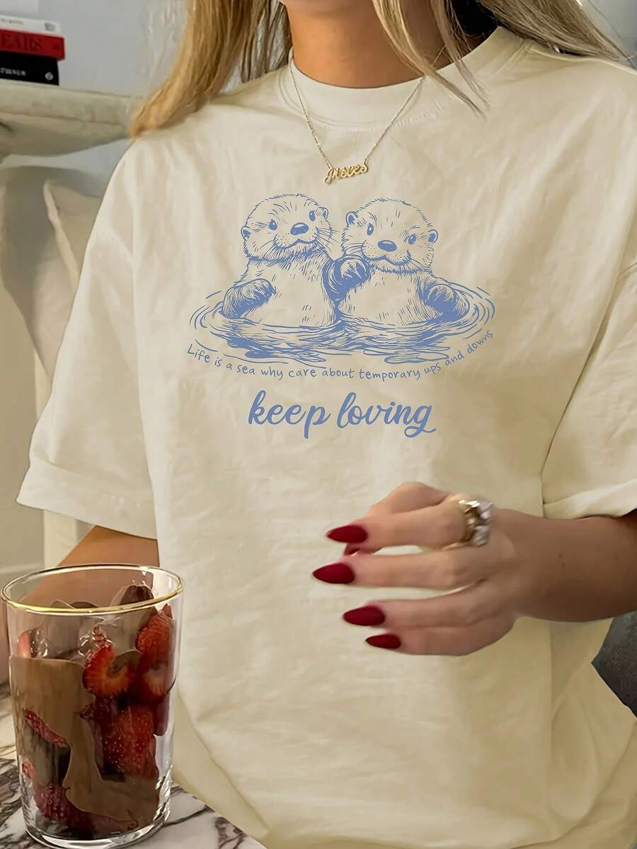Women's Casual Short Sleeve T-Shirt, Water Wave Design With Two Sea Otters, Round Neck, For Spring And Summer, Women's Clothing - 杏色 - 查看 1