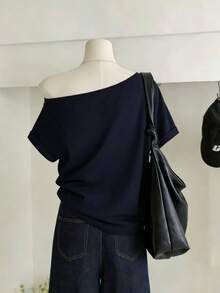 Y2K Print Off-Shoulder Short-Sleeve T-Shirt (Women's), Summer Clothing, 2026 New Arrival, Fashionable Inner/Outer Layer, Relaxed Fit, Slimming Effect, Off-Shoulder, Sexy, Versatile Top - 藏青色 - 查看 4