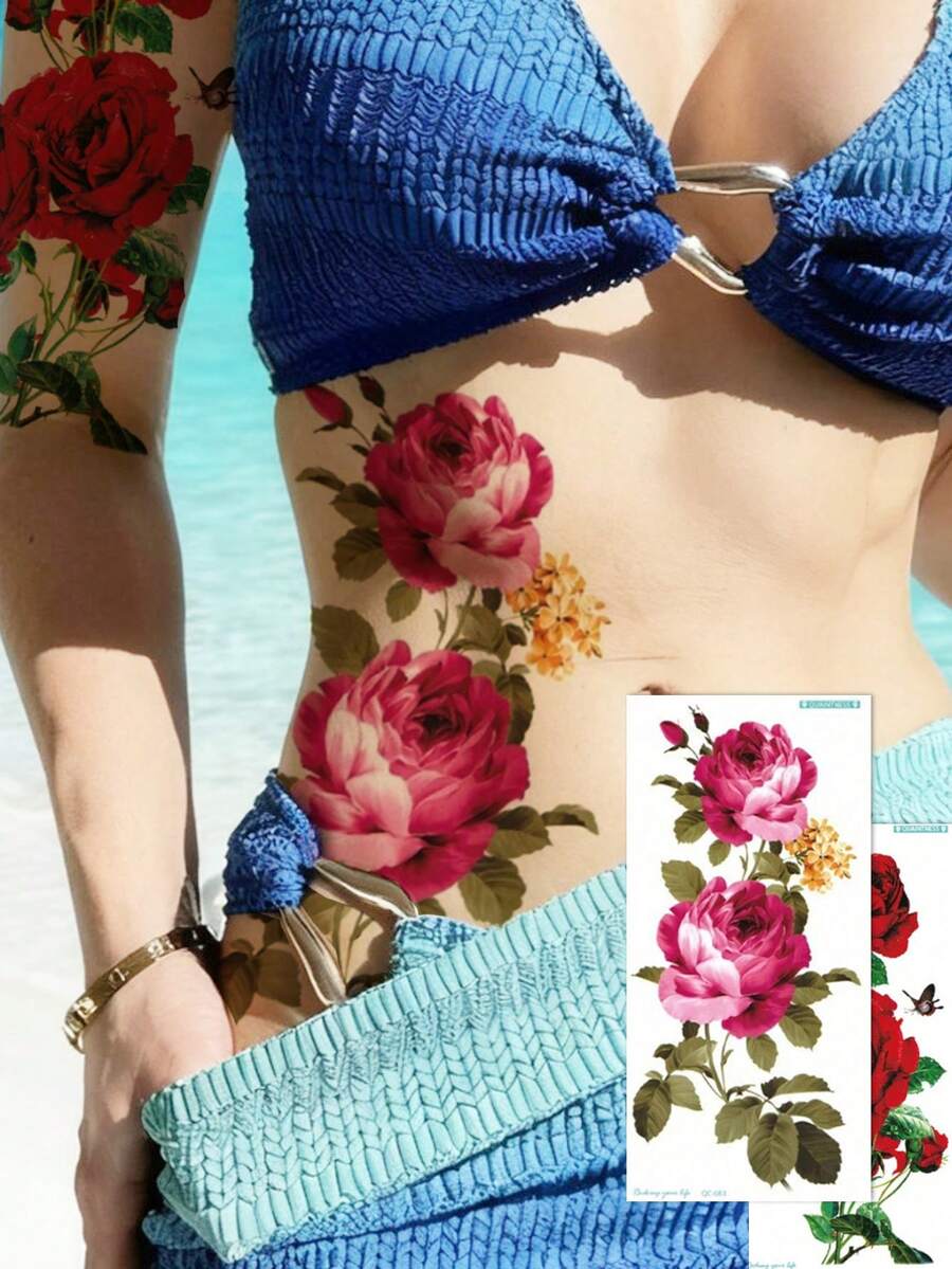 2 Rose Pattern Tattoo Stickers, Waterproof Temporary Tattoos For Women's Sexy Thigh, 3D Realistic Floral Waist Designs, Large Half-Arm Body Art, Lasting 2-5 Days, Cover Scars, For Arm, Wrist, Shoulder, Leg, Waist, Neck, Back, Chest, Thigh. - Multicolor - View 1
