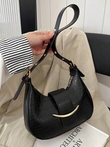 时尚纯黑色鳄鱼纹压花龙月纹压花女士单肩手提包 - 黑色 - 查看 8
