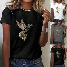 Women's Vintage Hummingbird Print T-Shirt # Casual Gold Bird And Nature Pattern T-Shirt, US Summer Tops - Black - View 3