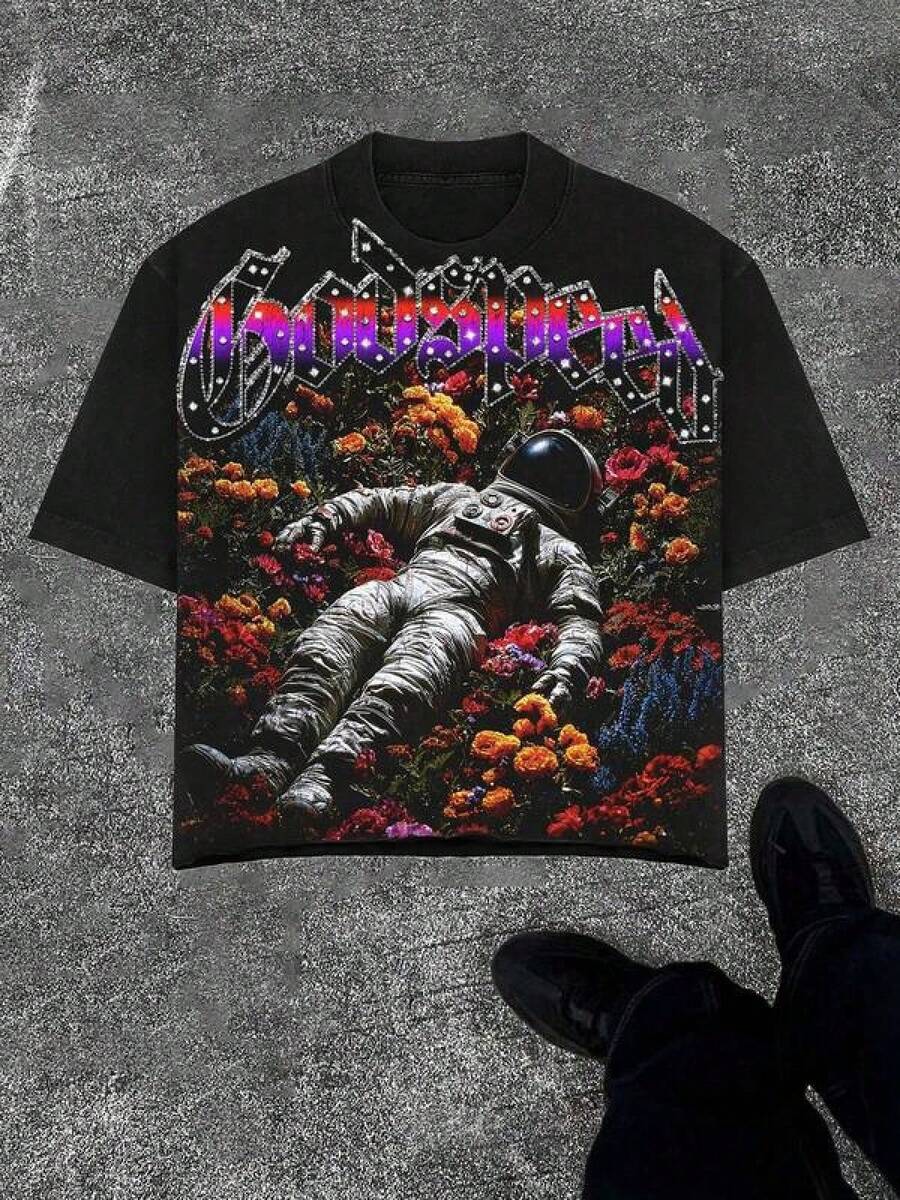 T-shirt graphique en coton taille plus, t-shirt à manches courtes col rond décontracté avec imprimé rétro floral astronaute cosmique pour hommes. Mélange de coton léger, slogan strass "Godspeed", t-shirts en coton imprimés style Y2K, coupe ample, chemises décontractées pour hommes, hauts d'été, 100% coton. Idéal pour les cadeaux de la fête des pères, polyvalent pour les rassemblements, choix de cadeau parfait, livraison locale gratuite depuis l'entrepôt - Noir - Voir 1