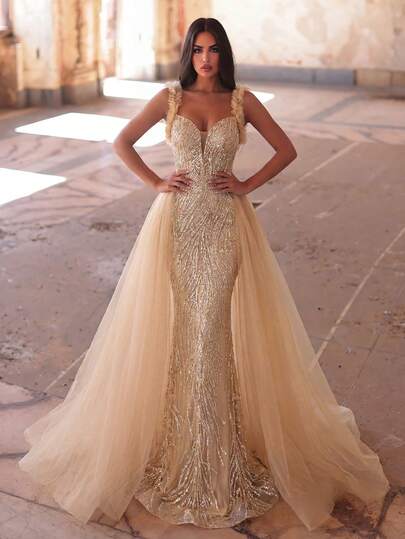 Faeriesty Opulent Wide Strap Mesh Overlay Evening Gown For Women With Sparkling Bodice And Dramatic Train Unique Dress For Banquets, Gala Events, Charity Balls, Award Ceremonies, And Luxury Birthday Parties