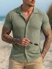 Men's Casual Ribbed Resort Shirt Short-Sleeve Button-Down Camp Collar - Olive Green - View 5