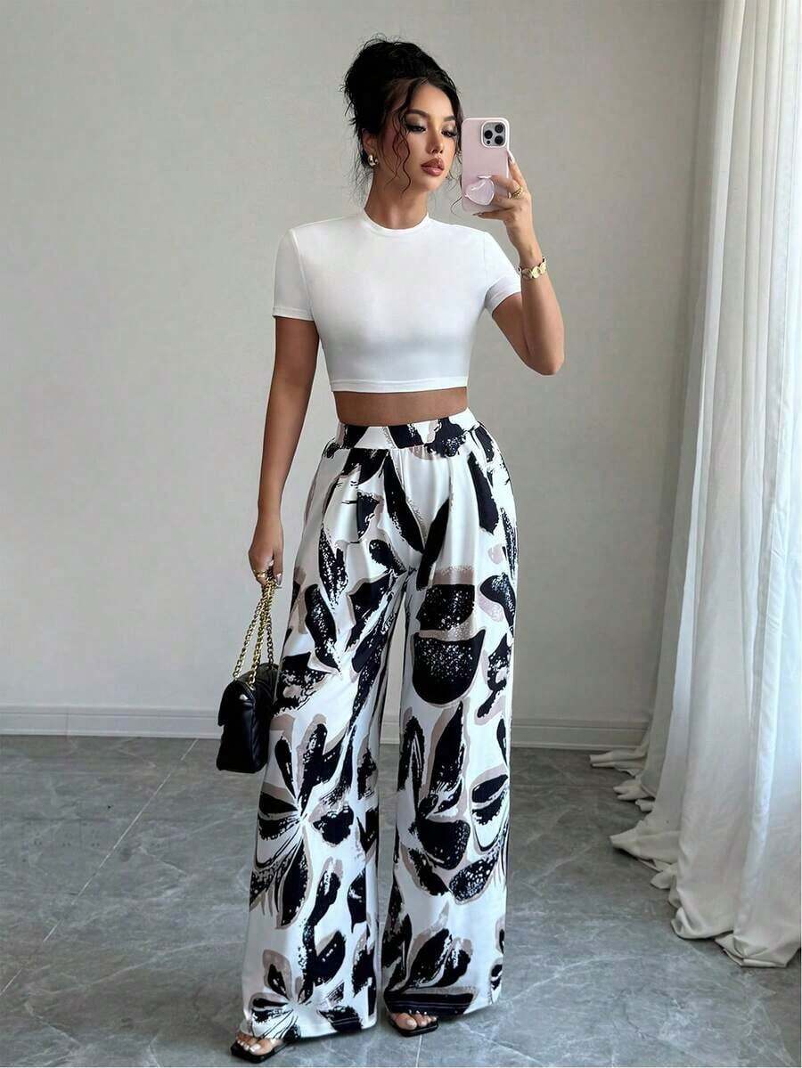 Conjunto de Top corto con estampado floral y pantalones largos con estampado de plantas para mujeres, para primavera/verano - Blanco - Ver 1
