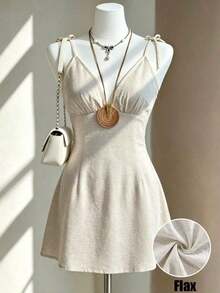 FJDVFranclia Nuevo vestido de verano/primavera para mujer de algodón y lino con tirantes finos, vestido mini de línea A con cuello en V profundo y cintura anudada, de unicolor, ajustado y sexy para vacaciones, citas o playaFBSB A7DS - Blanco - Ver 4