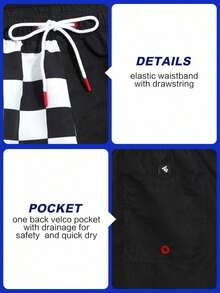 Palasendo Men's Letter & Checkerboard Print Drawstring Waist Beach Shorts Black And White Shorts Men Black And White Swim Trunks Checkered Shorts - 藏蓝色 - 查看 12