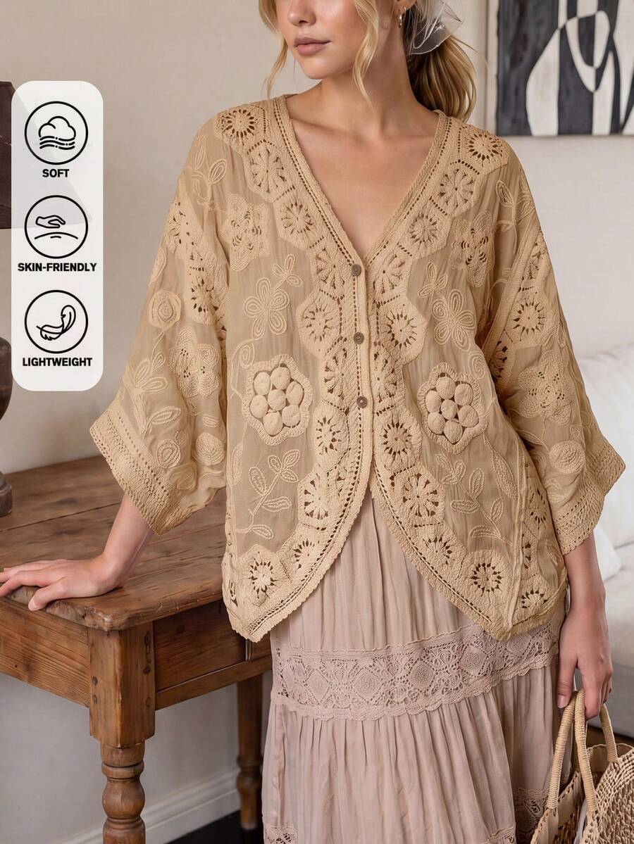 波希米亞風V領刺繡罩衫 - 夏季海灘度假寬鬆和服風罩衫,附花卉蕾絲細節 - 卡其色 - 查看 1