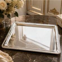 1pc Silver Metal Serving Tray, Decorative Rectangular Footstool Tray With Embossed Geometric Pattern, Mirror Finished Display Tray, Suitable For Coffee Table, Ramadan, Eid, Wedding And Home Decor - View 7