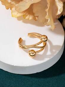 1pc Luxury Gold Double Pearl Open Wave Line Design Summer Beach Vacation Commute Versatile Women's Ring - Yellow Gold - View 4