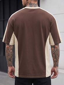 Summer New Men's Brown & Apricot Color Block Short Sleeve T-Shirt, Casual Versatile All-Match Round Neck Contrast Color Retro Top - Brown - View 8