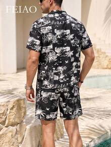 FEIAO Men's Retro Polyester Digital Print Short Sleeve Shirt, Classic Tropical Palm Tree Pattern, Versatile & Practical Summer Essential - Multicolor - View 2