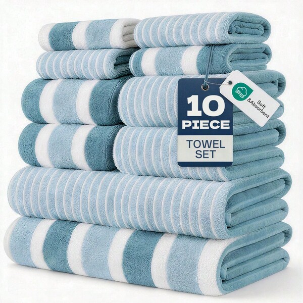 10pcs Soft & Absorbent Towel Set | Quick-Dry Towels For Bathroom, Sports & Beach |280gsm, Includes 2 Bath Towels, 4 Hand Towels, 4 Washcloths| Lightweight & Skin-Friendly